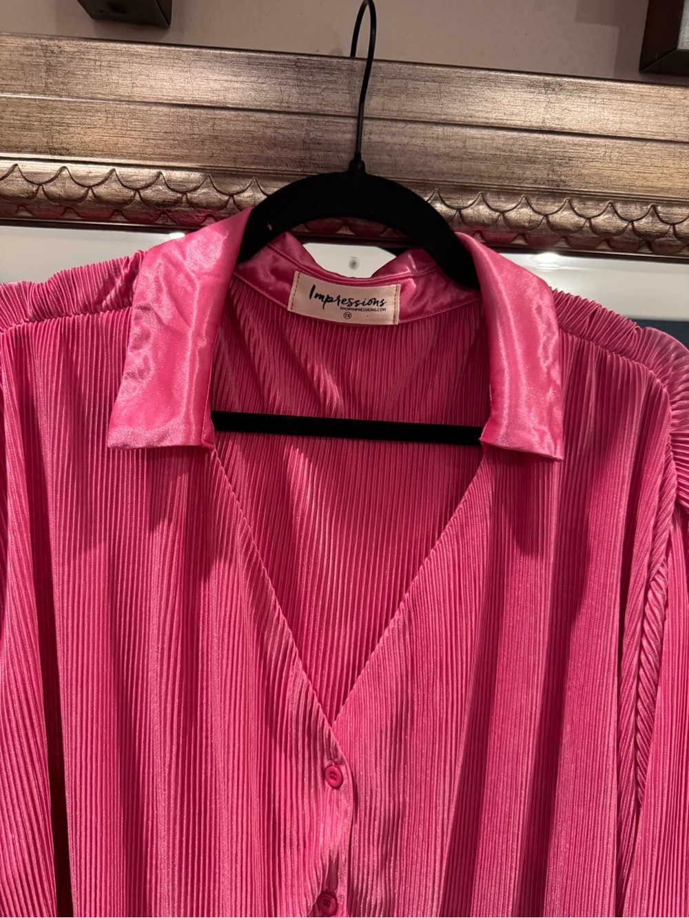 Impressions Pink Pleated Button-Front Blouse - Picture 2 of 2
